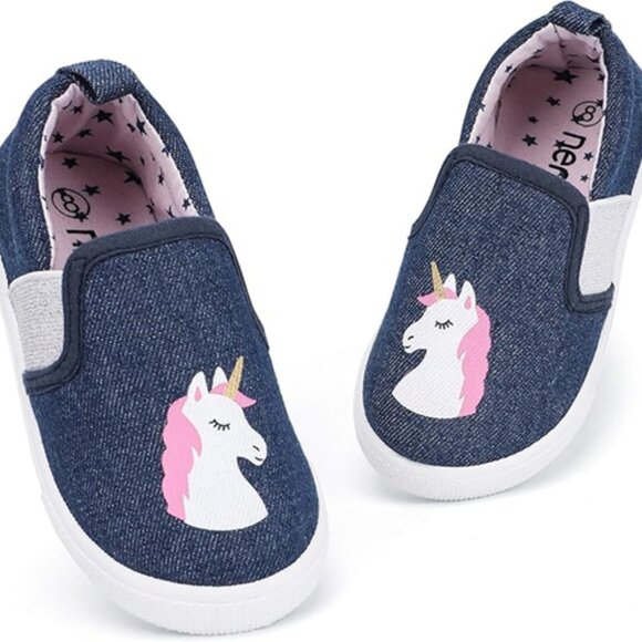 NEW RANLY & SMILY Unicorn Denim Navy Shoes Slip On No Tie Canvas Casual Sneakers - Picture 1 of 6